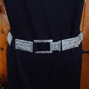 Silver Metal Rectangles & Black Elastic Stretch Belt Statement Chunky 31" to 38"